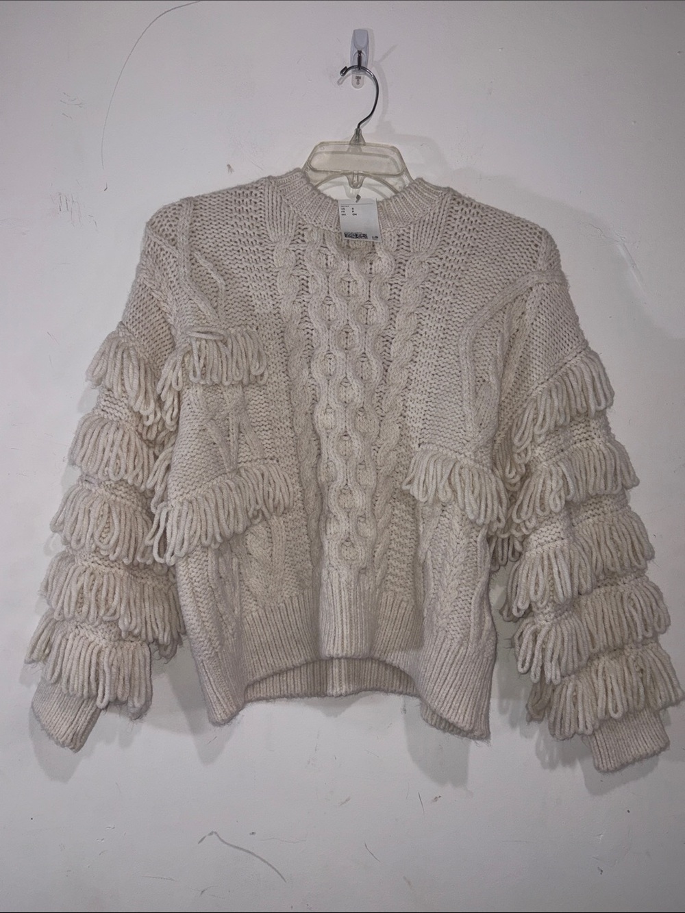H&M NWT Cream Cable Knit Fringe Sleeve Sweater Women’s S Oversized Boho